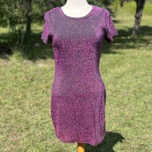 Coolcat Women Purple Shimmer Knee Length Short Sleeve Dress Size Medium